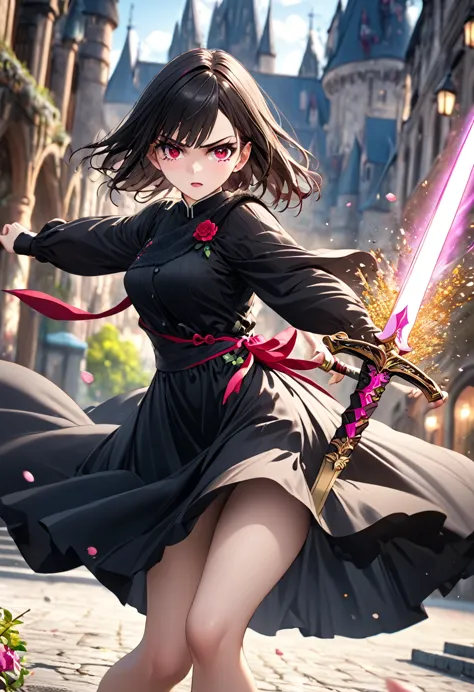 a girl in a black long dress, fighting with a pink sword, detailed thighs, one red eye, background with flowers, ice, and a dark...