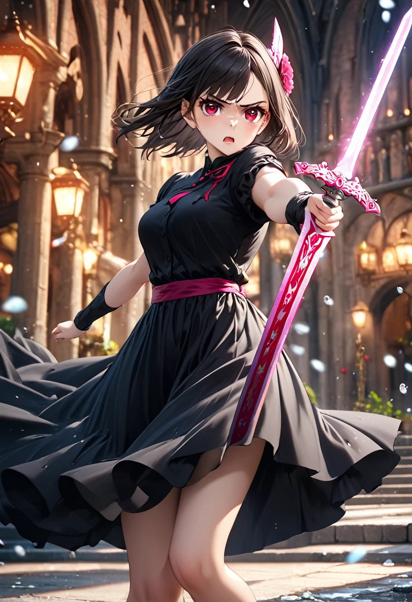 a girl in a black long dress, fighting with a pink sword, detailed thighs, one red eye, background with flowers, ice, and a dark castle, anxious expression, anger, one leg raised, attacking, best quality, 4k, 8k, highres, masterpiece:1.2, ultra-detailed, realistic, photorealistic, photo-realistic:1.37, HDR, UHD, studio lighting, ultra-fine painting, sharp focus, physically-based rendering, extreme detail description, professional, vivid colors, bokeh, concept art