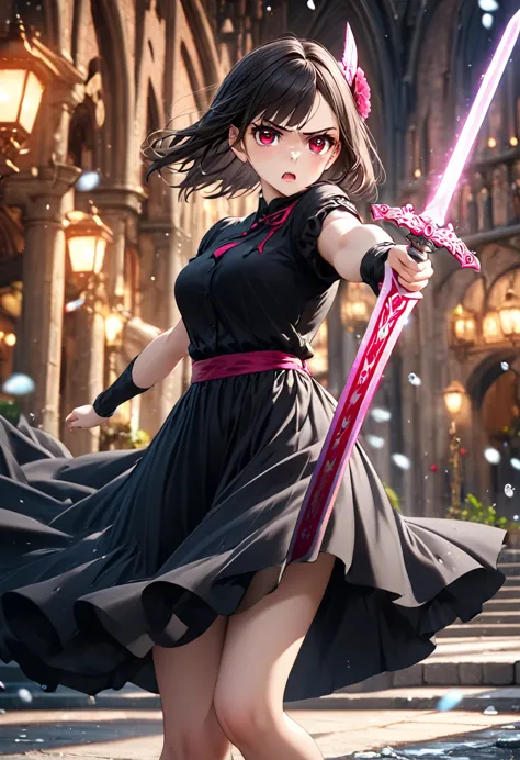 a girl in a black long dress, fighting with a pink sword, detailed thighs, one red eye, background with flowers, ice, and a dark...