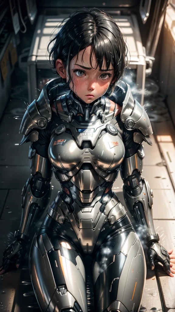 Highest quality　8k Cyborg Suit Girl　Heavy Armor　　Elementary school girl　Sweaty face　cute　Boyish short hair　Very short hair　Steam coming out of my head　My hair is wet with sweat　Black Hair　Broken and unable to move　　Lying down　Soaked Face　My crotch is wet