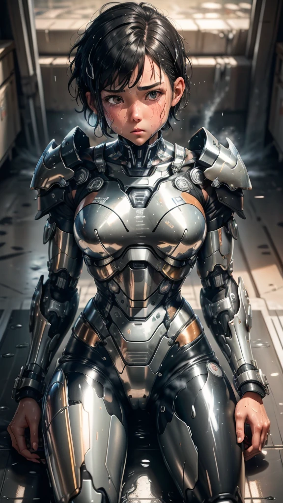 Highest quality　8k Cyborg Suit Girl　Heavy Armor　　Elementary school girl　Sweaty face　cute　Boyish short hair　Very short hair　Steam coming out of my head　My hair is wet with sweat　Black Hair　Broken and unable to move　　Lying down　Soaked Face　My crotch is wet