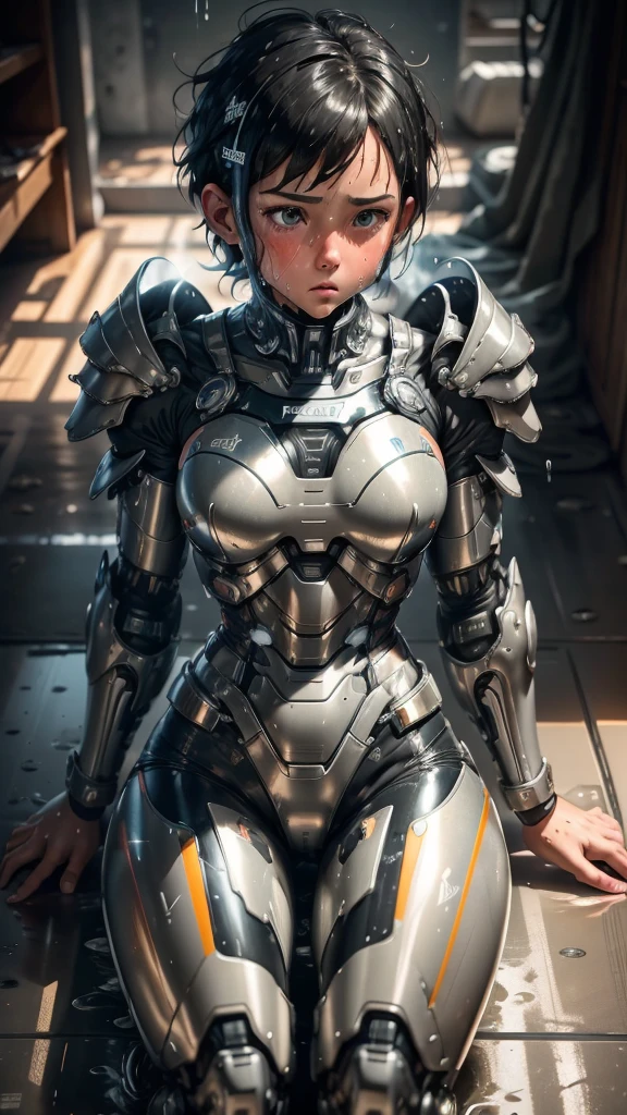 Highest quality　8k Cyborg Suit Girl　Heavy Armor　　Elementary school girl　Sweaty face　cute　Boyish short hair　Very short hair　Steam coming out of my head　My hair is wet with sweat　Black Hair　Broken and unable to move　　Lying down　Soaked Face　My crotch is wet