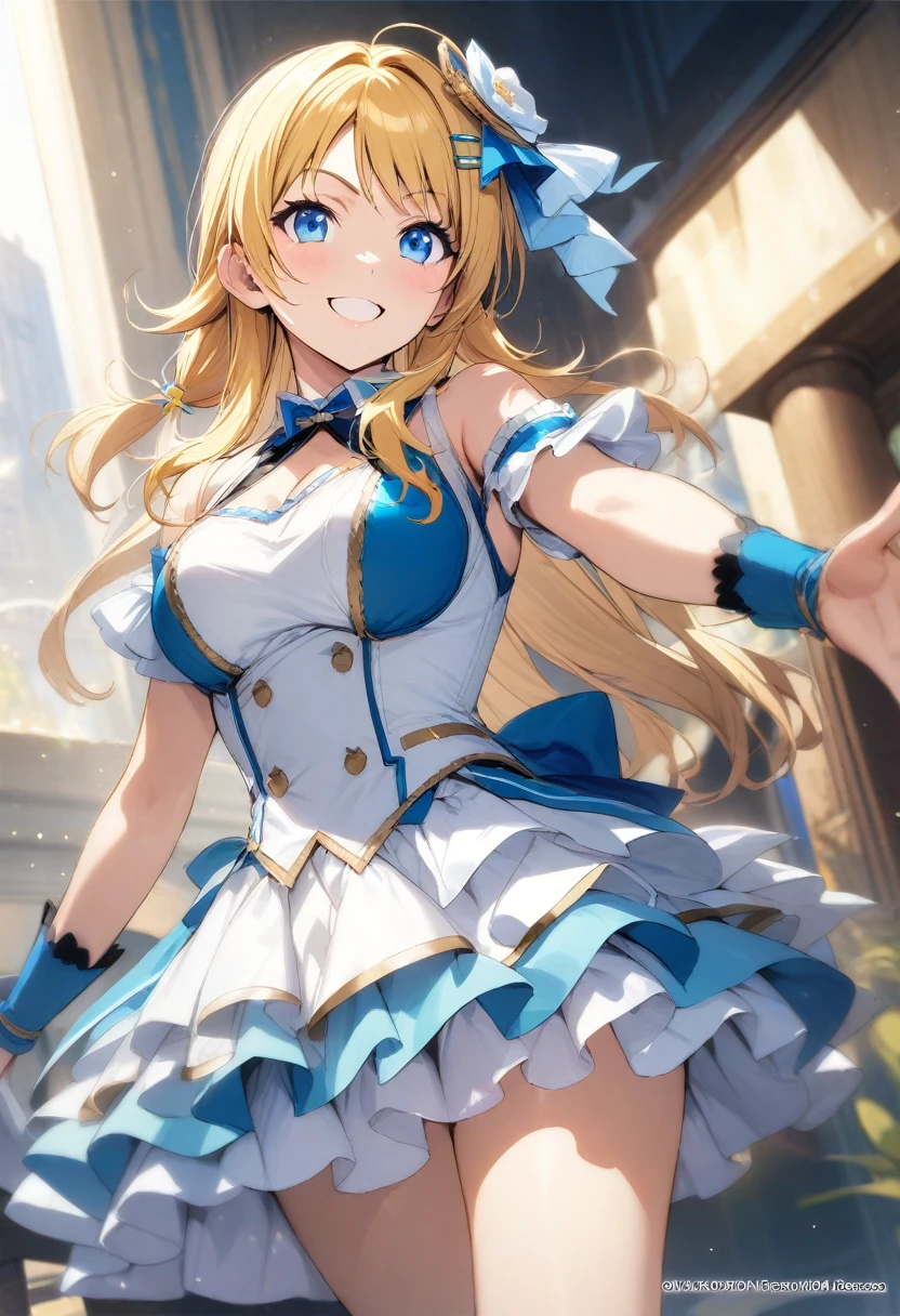 (masterpiece), (best quality), (ultra-detailed), (best illustration), (best shadow), (absurdres), (detailed background), (very aesthetic), meguru hachimiya, 1girl, blonde hair, skirt, solo, blue eyes, hair ornament, smile,  Official Art, Idol Costumes, White Dress, Off the shoulder, Light blue ruffle skirt, ((ビヨンドザブルースカイ)), hairclip, looking at viewer, shirt, long hair