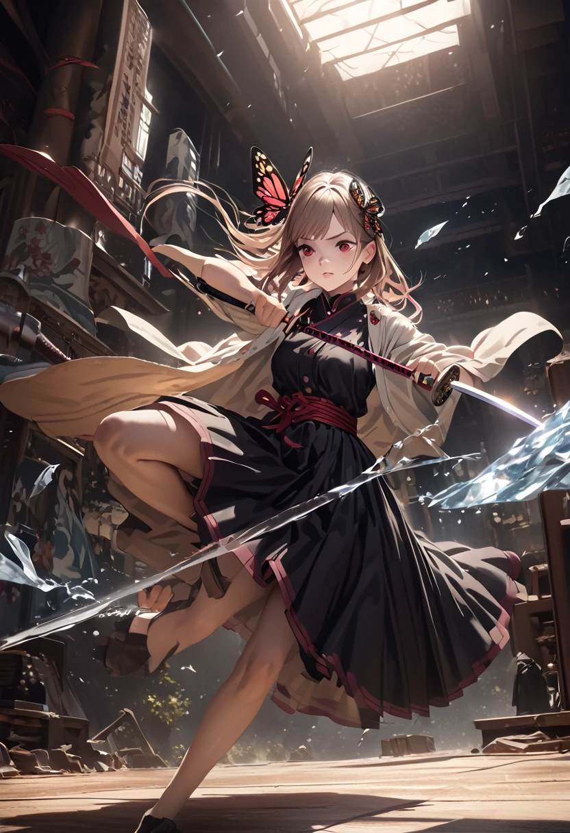 a girl in a black long dress,Butterfly hair ornament on head,Tie your hair in one place、 fighting with a pink Katana, detailed thighs, one red eye, background with flowers, ice, and a dark japanesecastle, anxious expression, one leg raised,She is ,attacking, best quality, 4K, 8k, highres, masterpiece:1.2, ultra-detailed, realistic, photorealistic, photo-realistic:1.37, HDR, uhd, studio lighting, ultra-fine painting, sharp focus, physically-based rendering, extreme detail description, professional, vivid colors, bokeh, concept art