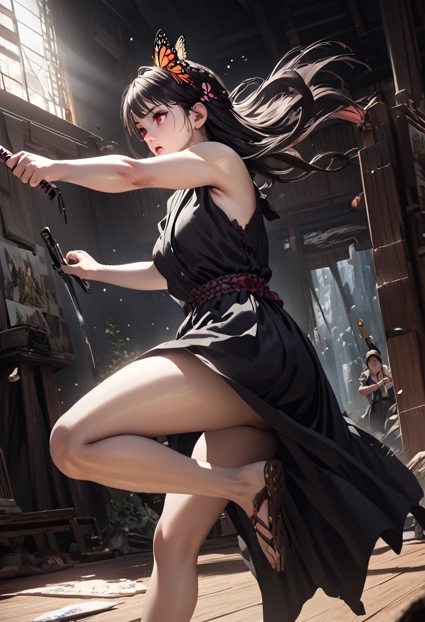 a girl in a black long dress,Butterfly hair ornament on head,Tie your hair in one place、 fighting with a pink Katana, detailed thighs, one red eye, background with flowers, ice, and a dark japanesecastle, anxious expression, one leg raised,She is ,attacking, best quality, 4K, 8k, highres, masterpiece:1.2, ultra-detailed, realistic, photorealistic, photo-realistic:1.37, HDR, uhd, studio lighting, ultra-fine painting, sharp focus, physically-based rendering, extreme detail description, professional, vivid colors, bokeh, concept art