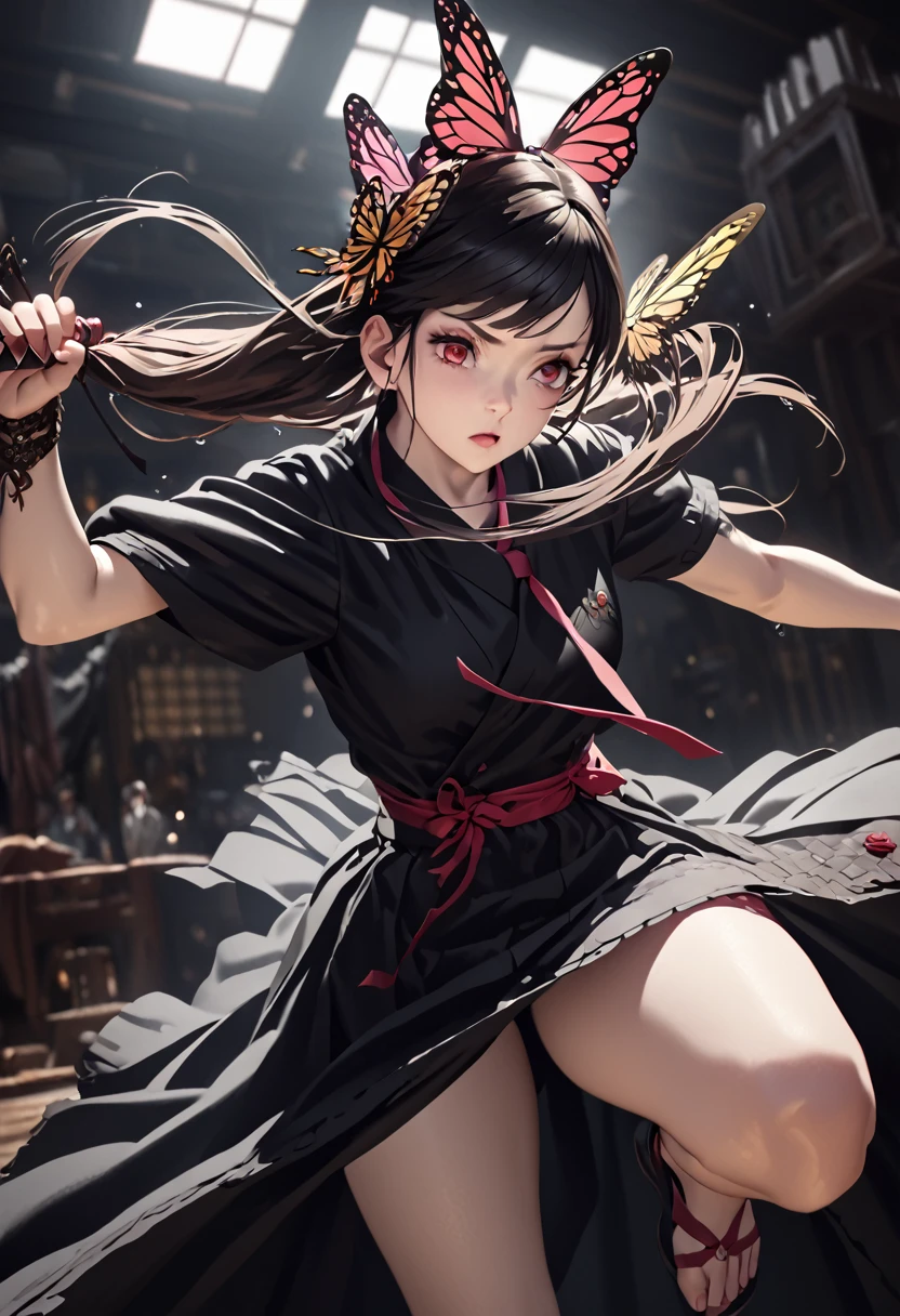 a girl in a black long dress,Butterfly hair ornament on head,Tie your hair in one place、 fighting with a pink Katana, detailed thighs, one red eye, background with flowers, ice, and a dark japanesecastle, anxious expression, one leg raised,She is ,attacking, best quality, 4K, 8k, highres, masterpiece:1.2, ultra-detailed, realistic, photorealistic, photo-realistic:1.37, HDR, uhd, studio lighting, ultra-fine painting, sharp focus, physically-based rendering, extreme detail description, professional, vivid colors, bokeh, concept art