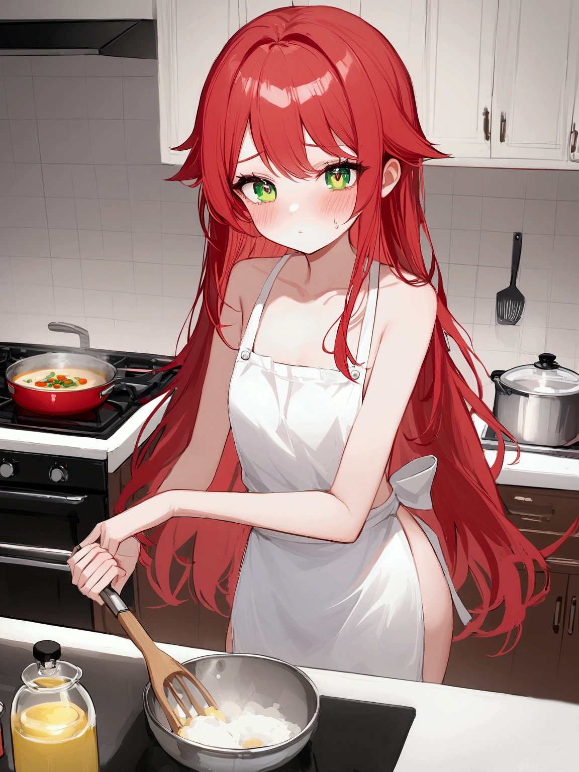 (high qualiy, Breathtaking),(expressive eyes, face perfect), 1Kizi, Kizi, standing alone, 小柄, young Kizi, long hair, red hair, green eyes, Jumpy,without clothes underneath, cooking apron, Kitchen background , focus for camera , blushed, washing dishes , a little upright 