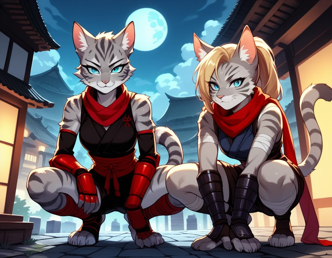 Duo, score_9,score_8_up,score_7_up, score_6_up, score_5_up, source_anime, Kat, female Anthro furry feline, silver fur, grey stripes on body, blue eyes, long blonde hair, undercut hair, one side of hair shaved, wearing red ninja scarf, scarf_covering_mouth, red scarf over mouth, black shinkbis tunic, black cloth shorts, feet paws four toes, feet and legs wrapped in bandages, shinobi ninja gauntlets, squatting, holding a kunai, nighttime, on top of a building, squatting on the edge of a building, full moon