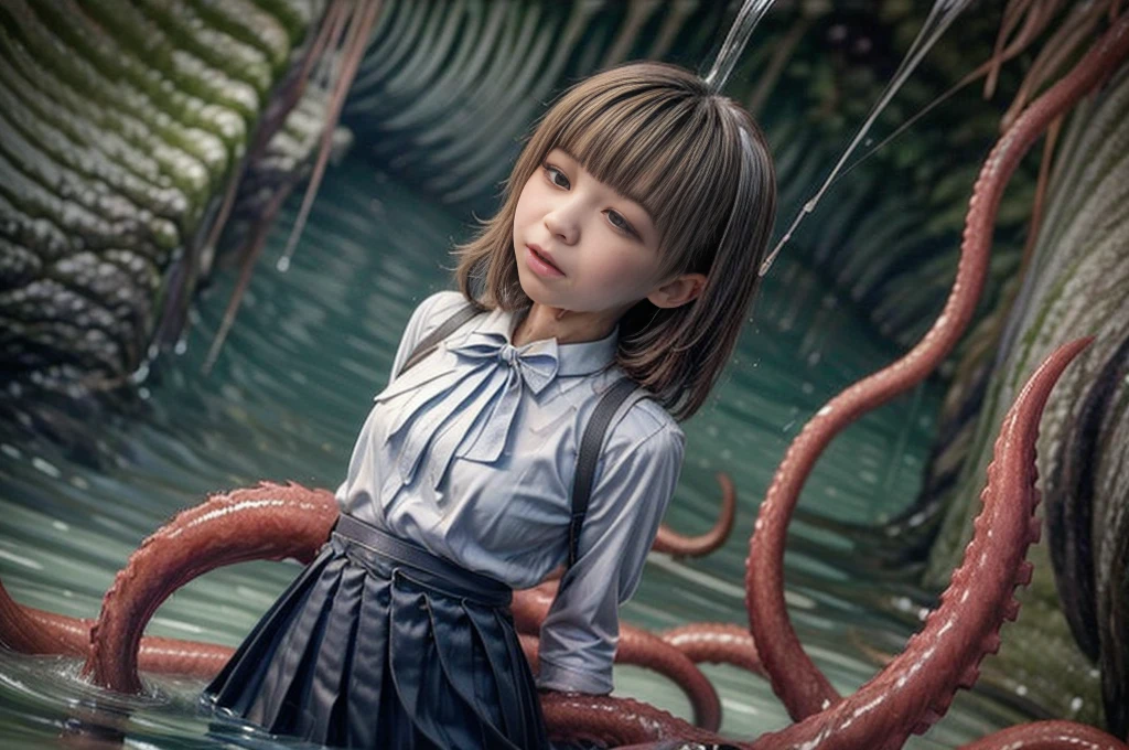 creepy tentacles are (((licking))) Asian school girl (inside creature:1.4) of stinky saliva fluids in fantasy, (stinky dress), wet girl, sitting, ((looking at the viewer)), wet skin, bukkake, anguished, bound by slimy tentacles, bdsm, vine, sitting in a mirror, she is resisting from cum shot, fetish, pussy juice stain, (she is hiding her mouth:1.5) inside creature, slimy ((wet skin)) dripping, (beautiful eyes), dried saliva, ((steaming)), depth of field, 1girl, solo, censored, ((white blouse)), skirt, bowtie, school girl, vore, photorealistic, cave of slime and saliva, gel