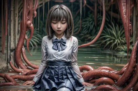 creepy tentacles are (((licking))) asian school girl (inside creature:1.4) of stinky saliva fluids in fantasy, (stinky dress), w...