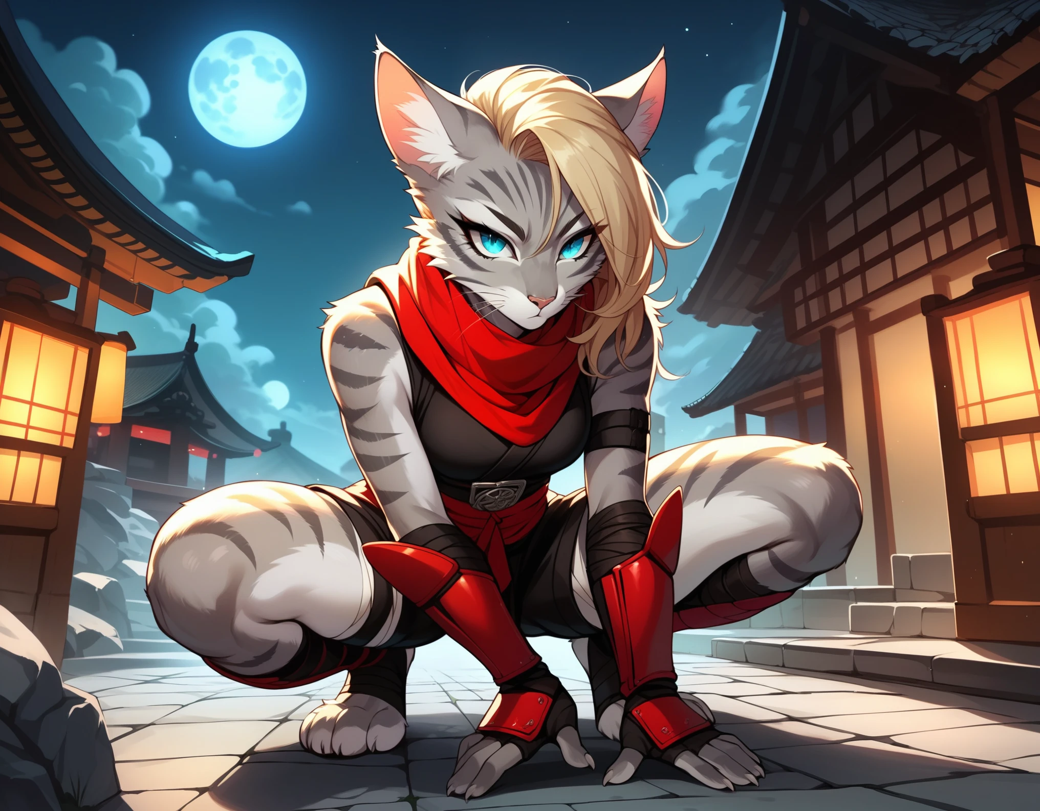 score_9,score_8_up,score_7_up, score_6_up, score_5_up, source_anime, Kat, female Anthro furry feline, silver fur, grey stripes on body, blue eyes, long blonde hair, undercut hair, one side of hair shaved, wearing red ninja scarf, scarf_over_mouth, red scarf over mouth, black shinkbis tunic, black cloth shorts, feet paws four toes, feet and legs wrapped in bandages, shinobi ninja gauntlets, squatting, holding a kunai, nighttime, on top of a building, squatting on the edge of a building, full moon