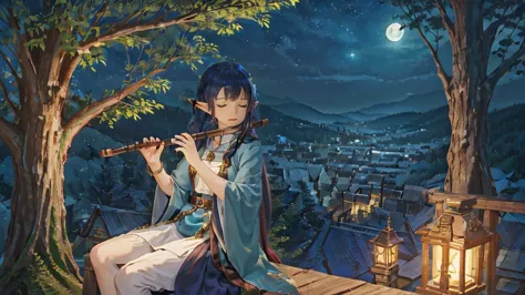 (((from diagonally left behind))), 1 elf girl playing a wood flute while sitting gracefully on a tree branch ,elf girl sitting l...