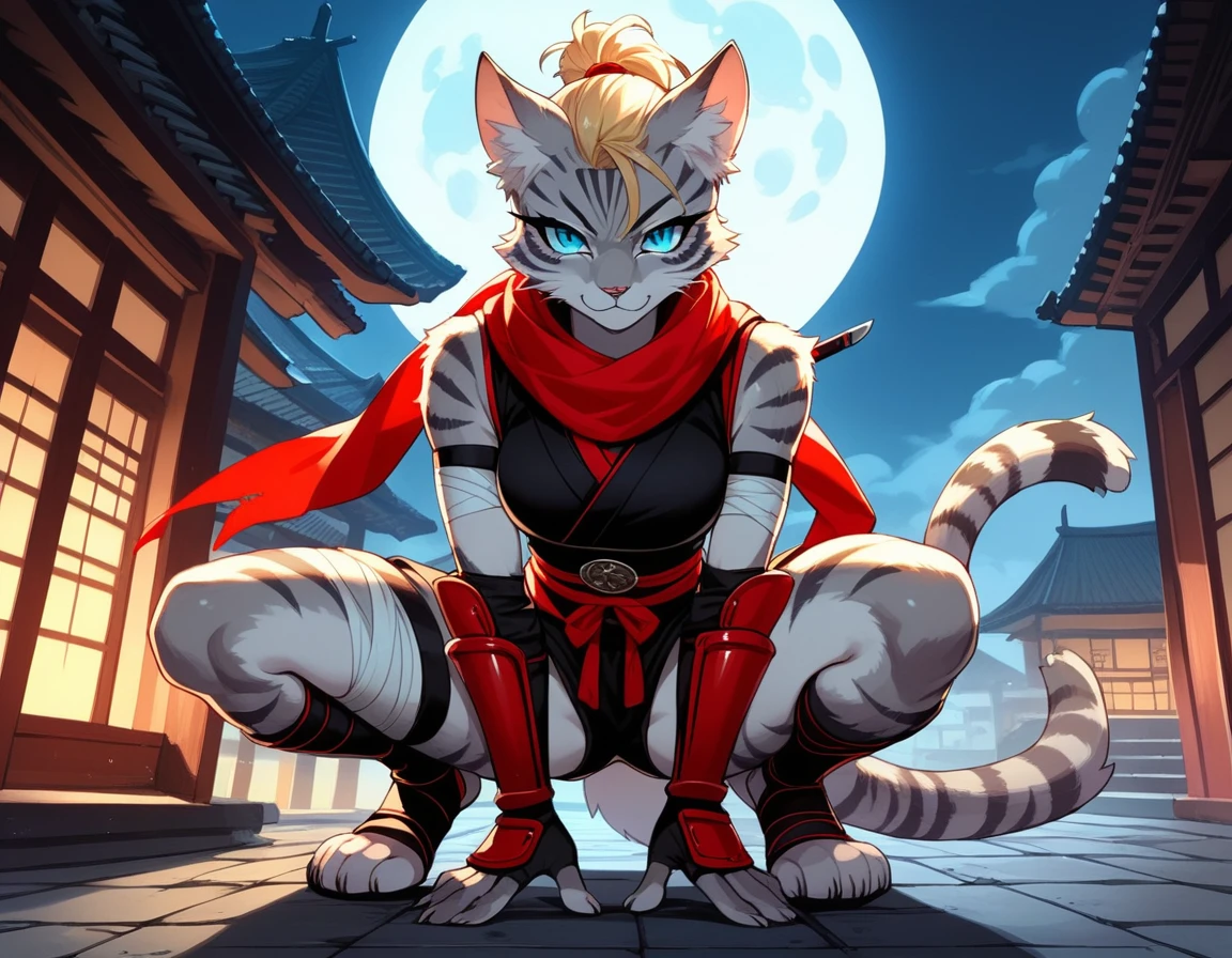 score_9,score_8_up,score_7_up, score_6_up, score_5_up, source_anime, kemono style, Kat, female Anthro furry feline, silver fur, grey stripes on body, blue eyes, long blonde hair, undercut hair, one side of hair shaved, wearing red ninja scarf, scarf_over_mouth, red scarf over mouth, black shinkbis tunic, black cloth shorts, feet paws four toes, feet and legs wrapped in bandages, shinobi ninja gauntlets, squatting, holding a kunai knife, nighttime, on top of a building, squatting on the edge of a building, full moon, on a cliffside, 