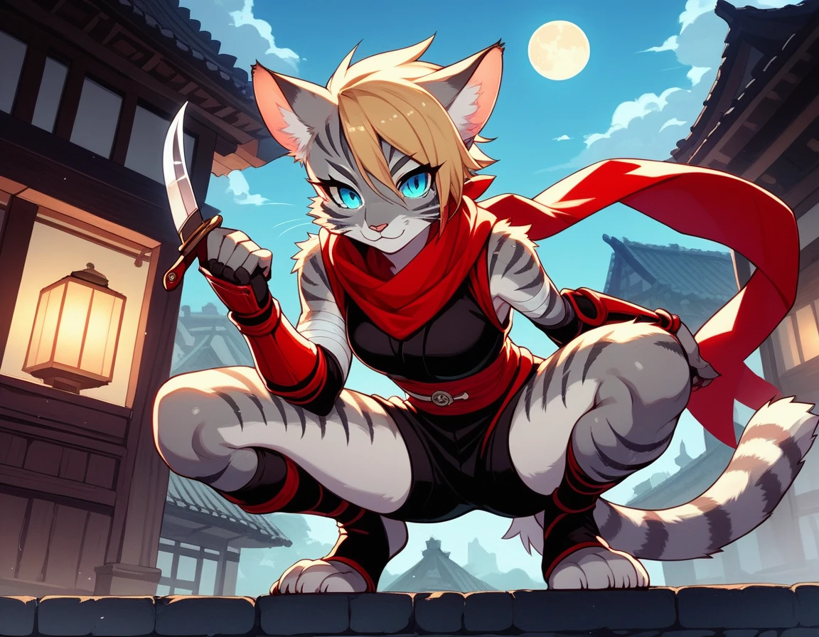 score_9,score_8_up,score_7_up, score_6_up, score_5_up, source_anime, kemono style, Kat, female Anthro furry feline, silver fur, grey stripes on body, blue eyes, long blonde hair, undercut hair, one side of hair shaved, wearing red ninja scarf, scarf_over_mouth, red scarf over mouth, black shinkbis tunic, black cloth shorts, feet paws four toes, feet and legs wrapped in bandages, shinobi ninja gauntlets, squatting, holding a kunai knife, nighttime, on top of a building, squatting on the edge of a building, full moon, on a cliffside, 