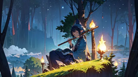 anime elf girl playing  flute while sitting gracefully on a tree branch ,magical atmosphere, panoramic fantasy night landscape, ...