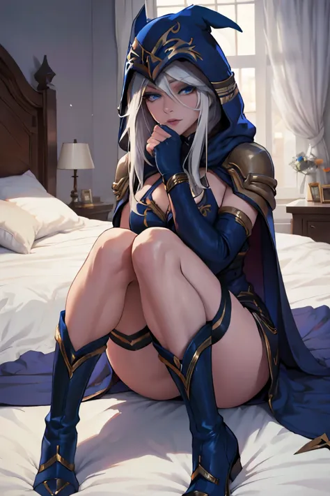 Bedroom, ashe \(league of legends\), 1girl, long white hair, blue eyes, cape, dress, long gloves, hood, league of legends, short...