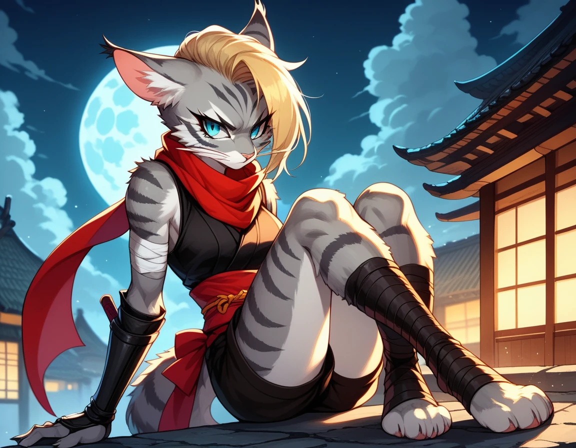 score_9,score_8_up,score_7_up, score_6_up, score_5_up, source_anime, kemono style, Kat, female Anthro furry feline, silver fur, grey stripes on body, blue eyes, long blonde hair, undercut hair, one side of hair shaved, wearing red ninja scarf, scarf_over_mouth, red scarf over mouth, black shinkbis tunic, black cloth shorts, feet paws four toes, feet and legs wrapped in bandages, shinobi ninja gauntlets, mouth covered, placing her scarf over her mouth, side view, holding a kunai knife, nighttime, on top of a building, full moon, on a cliffside, serious face, 