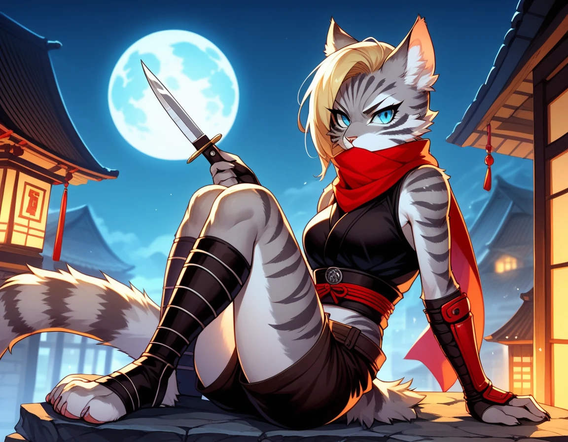 score_9,score_8_up,score_7_up, score_6_up, score_5_up, source_anime, kemono style, Kat, female Anthro furry feline, silver fur, grey stripes on body, blue eyes, long blonde hair, undercut hair, one side of hair shaved, wearing red ninja scarf, scarf_over_mouth, red scarf over mouth, black shinkbis tunic, black cloth shorts, feet paws four toes, feet and legs wrapped in bandages, shinobi ninja gauntlets, mouth covered, placing her scarf over her mouth, side view, holding a kunai knife, nighttime, on top of a building, full moon, on a cliffside, serious face, 