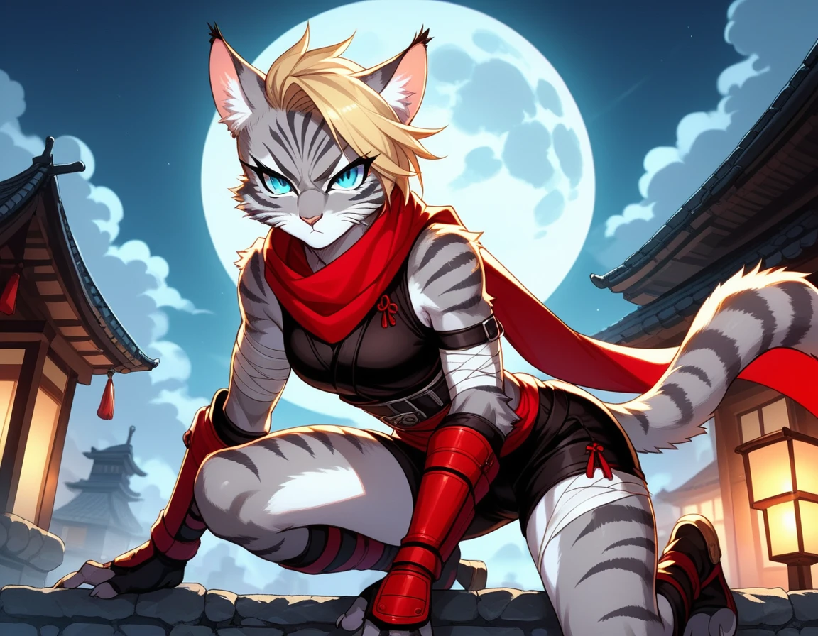 score_9,score_8_up,score_7_up, score_6_up, score_5_up, source_anime, kemono style, Kat, female Anthro furry feline, silver fur, grey stripes on body, blue eyes, long blonde hair, undercut hair, one side of hair shaved, wearing red ninja scarf, scarf_over_mouth, red scarf over mouth, black shinkbis tunic, black cloth shorts, feet paws four toes, feet and legs wrapped in bandages, shinobi ninja gauntlets, mouth covered, placing her scarf over her mouth, side view, holding a kunai knife, nighttime, on top of a building, full moon, on a cliffside, serious face, 