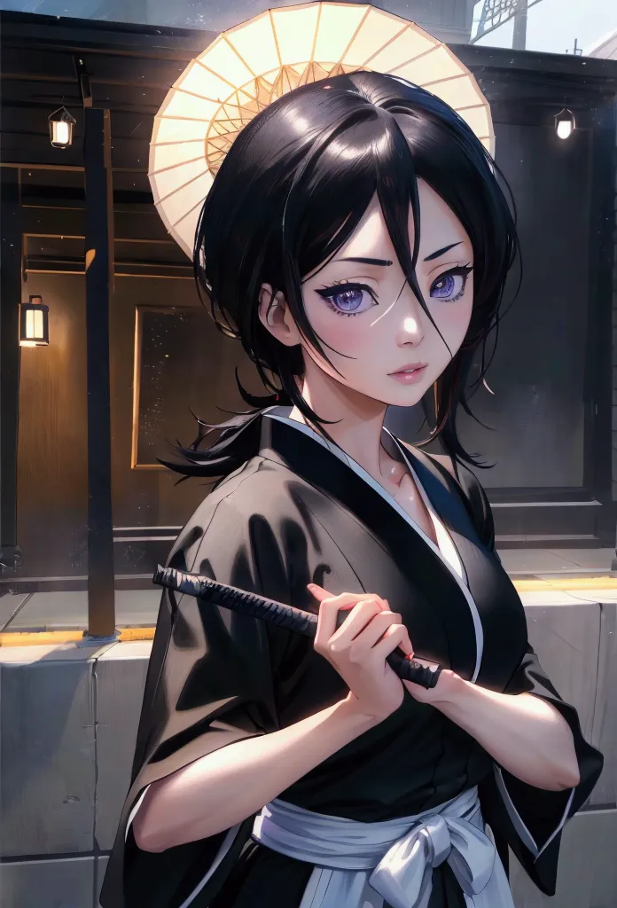 1girl, detailed outline, manga, hyperrealistic, solo, ice, holding katana, rukia kuchiki, black kimono, japanese street, intrica...