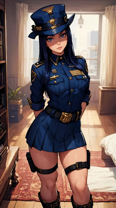 1 girl, solo, Caitlyn, long dark blue hair, hat, fleshy legs, tight police clothes, fingerless gloves, boots, mini skirt, thigh ...