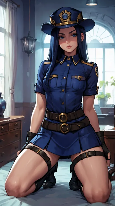 1 girl, solo, Caitlyn, long dark blue hair, hat, fleshy legs, tight police clothes, fingerless gloves, boots, mini skirt, thigh ...