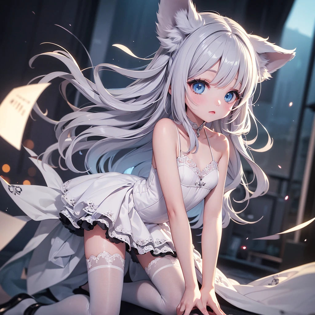 silver hair, dog ears, white dress,wavy hair,delicate features quiet gaze,beautiful half body illustration,beautiful backgraund,atmospheric lighting,sharp focus,vlumetric lighting,cute face,reduce saturation,fine detailed face,small nose and mouth,volumetric top lighting,bold line painting, soft shadow,((masterpiece, best quality)), (1girl), (solo), (female focus),small breasts,flat tits,Lolita,short height,skinny girl,blue eyes,open legs,animal ears,
