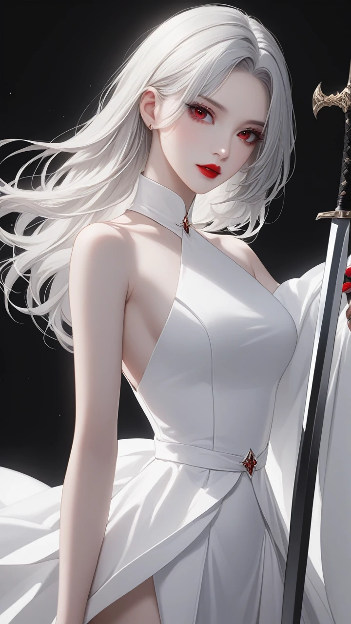 highest quality、masterpiece、1 girl、black background、gray hair:1.5、red eyes、red lips、white clothes、Black and white world、Black and white world、pale skin、side blade