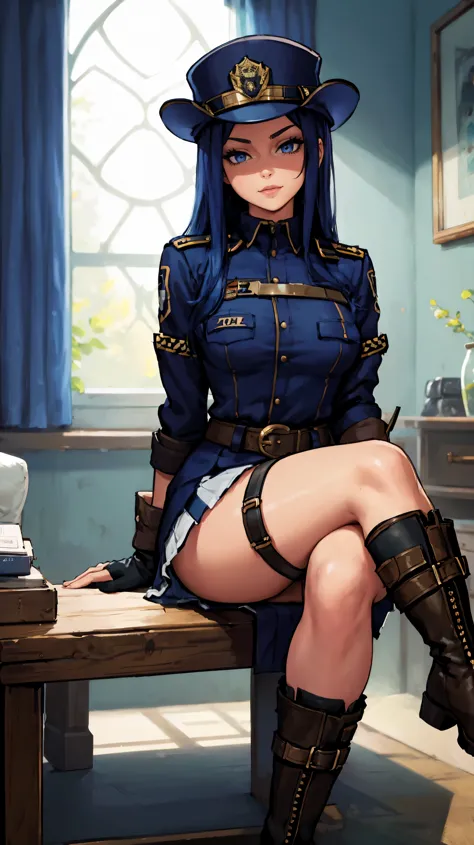 1 girl, solo, Caitlyn, long dark blue hair, hat, fleshy legs, tight police clothes, fingerless gloves, boots, mini skirt, thigh ...