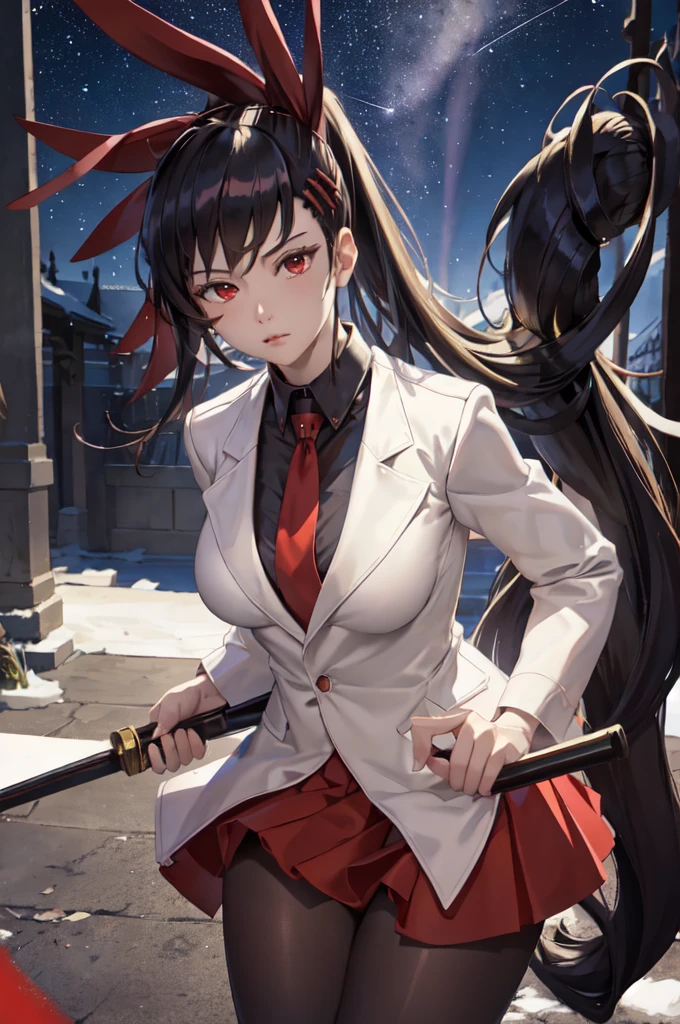 masterpiece, best quality,
ha yuri zahard, 1girl, shiny skin, red eyes, white jacket, black shirt, necktie, red skirt, ponytail, hair ribbon, pantyhose, closed jacket, high contrast, dark room, rim lighting, red hues, about to undress and bathing in night in heaven full of stars and moon and there's a very beautiful comet