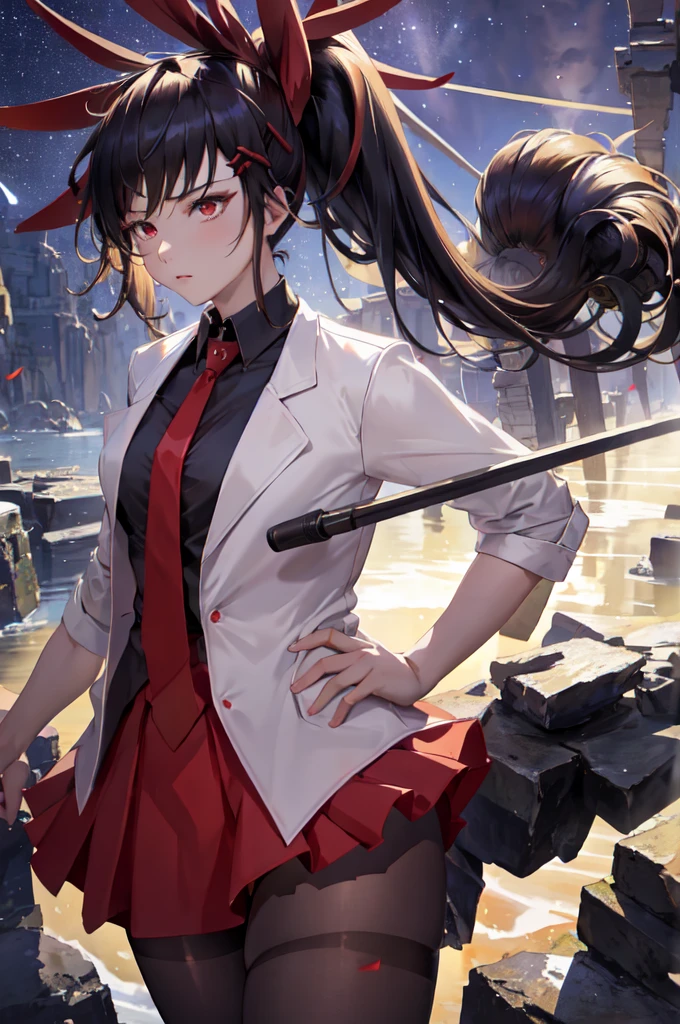 masterpiece, best quality,
ha yuri zahard, 1girl, shiny skin, red eyes, white jacket, black shirt, necktie, red skirt, ponytail, hair ribbon, pantyhose, closed jacket, high contrast, dark room, rim lighting, red hues, about to undress and bathing in night in heaven full of stars and moon and there's a very beautiful comet