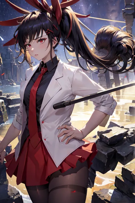 masterpiece, best quality,
ha yuri zahard, 1girl, shiny skin, red eyes, white jacket, black shirt, necktie, red skirt, ponytail,...