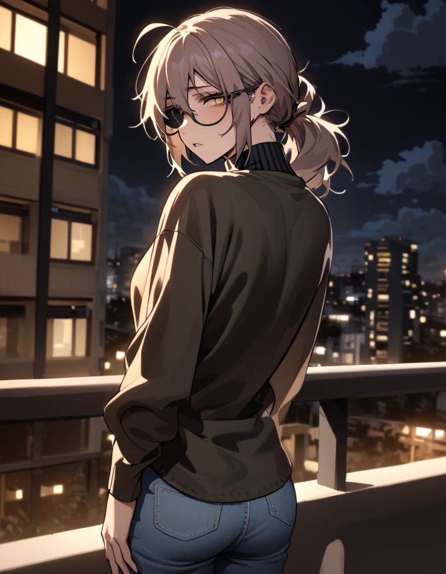 mature, golden eyes, looking at viewer, female, apartment background, messy hair, dark shoulder-length hair, ponytail, parted lips, hair between eyes, ahoge, emotionless, tired eyes, standing, from behind, jeans, black turtleneck shirt, medical eye patch, comfy clothes, glasses, night, cloudy