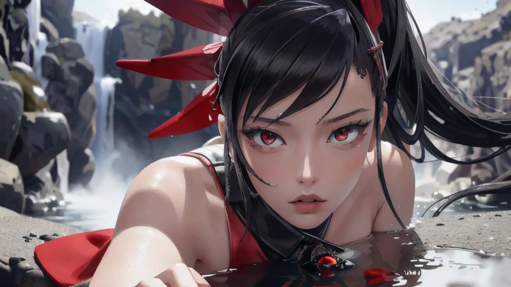 rew foto(masterpiece, best quality), intricate details, 8k, artstation, wallpaper, official art, screensaver, sharp focus, 1girl, ha Yuriy Zakhard Niji Emote, portrait, chibi, red eyes, shoulders updetailed fingers,beautiful hands, bathing naked in hotspring at night full of stars