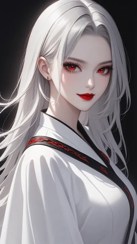 highest quality、masterpiece、1 girl、black background、gray hair:1.5、red eyes、red lips、white clothes、black and white world、black an...