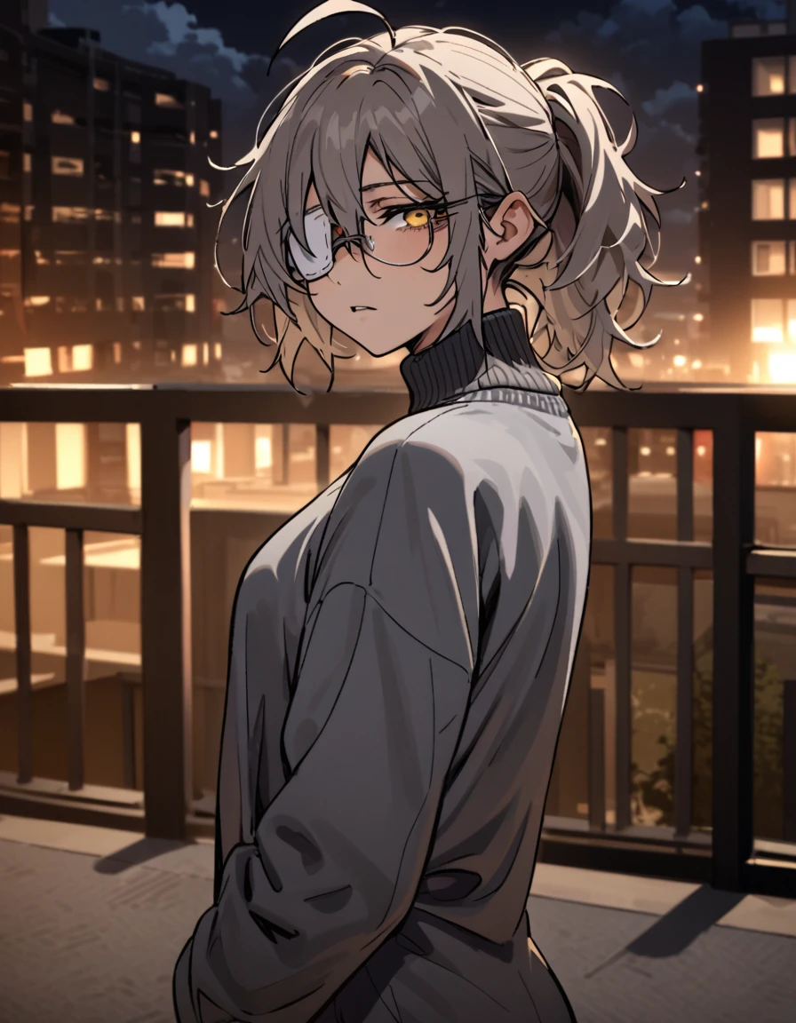 mature, golden eyes, looking at viewer, female, apartment background, messy hair, grey shoulder-length hair, ponytail, parted lips, hair between eyes, ahoge, emotionless, tired eyes, standing, from behind, jeans, turtleneck shirt, medical eye patch, comfy clothes, glasses, night, cloudy