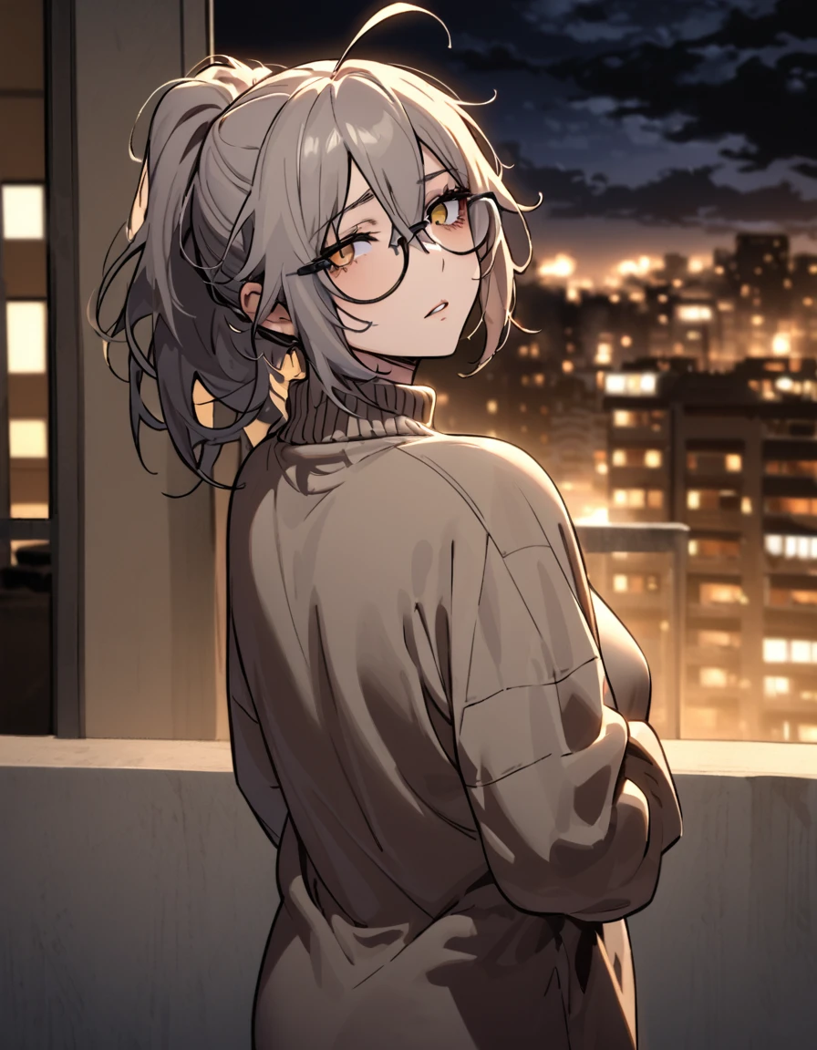 mature, golden eyes, looking at viewer, female, apartment background, messy hair, grey shoulder-length hair, ponytail, parted lips, hair between eyes, ahoge, emotionless, tired eyes, standing, from behind, jeans, turtleneck shirt, medical eye patch, comfy clothes, glasses, night, cloudy