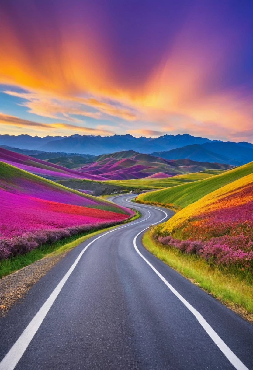 Imagine driving along a winding road through a valley where the landscape shifts with every curve. The sky above is a swirling tapestry of colors—vivid oranges, deep blues, and soft purples—that blend seamlessly into each other like a living painting. The valley floor is dotted with crystalline formations that catch and refract the sunlight, creating a rainbow effect on the road ahead. The surrounding hills are covered in lush, glowing flora that seems to pulse with the rhythm of the changing sky, making each moment on this drive feel like stepping into a dream.