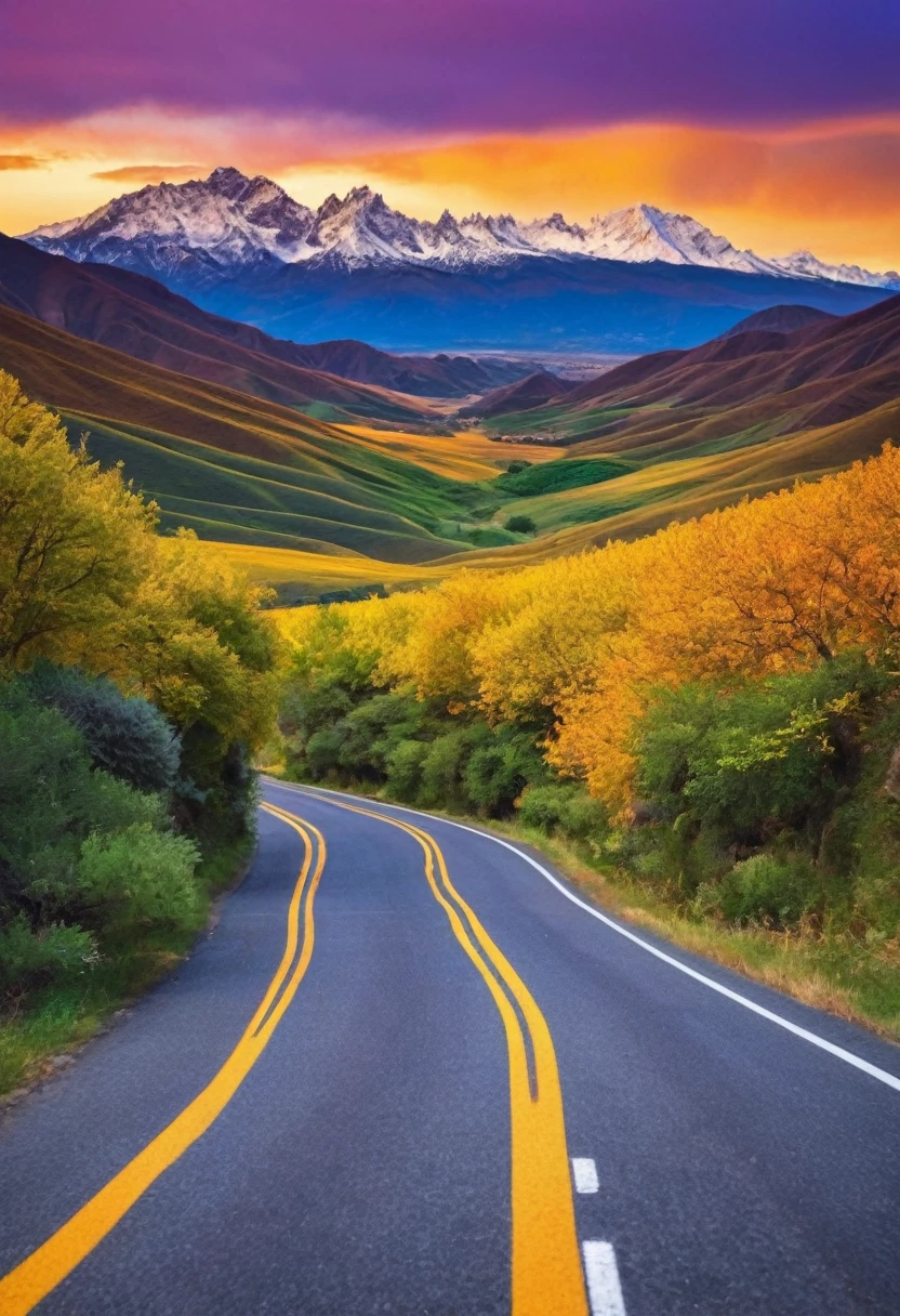 Imagine driving along a winding road through a valley where the landscape shifts with every curve. The sky above is a swirling tapestry of colors—vivid oranges, deep blues, and soft purples—that blend seamlessly into each other like a living painting. The valley floor is dotted with crystalline formations that catch and refract the sunlight, creating a rainbow effect on the road ahead. The surrounding hills are covered in lush, glowing flora that seems to pulse with the rhythm of the changing sky, making each moment on this drive feel like stepping into a dream.