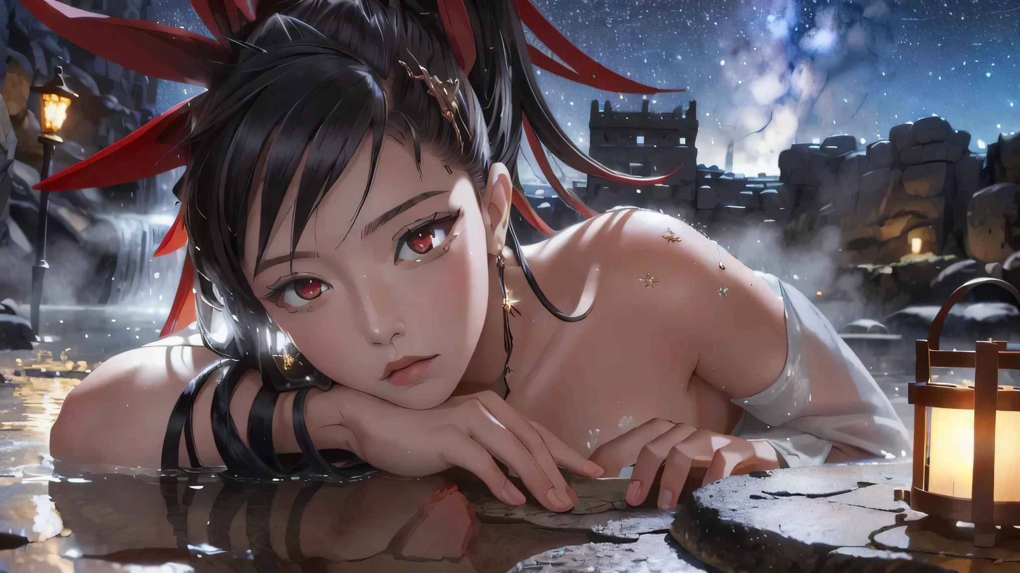 rew foto(masterpiece, best quality), intricate details, 8k, artstation, wallpaper, official art, screensaver, sharp focus, 1girl, ha Yuriy Zakhard Niji Emote, portrait, chibi, red eyes, shoulders updetailed fingers,beautiful hands, bathing naked in hotspring at night full of stars