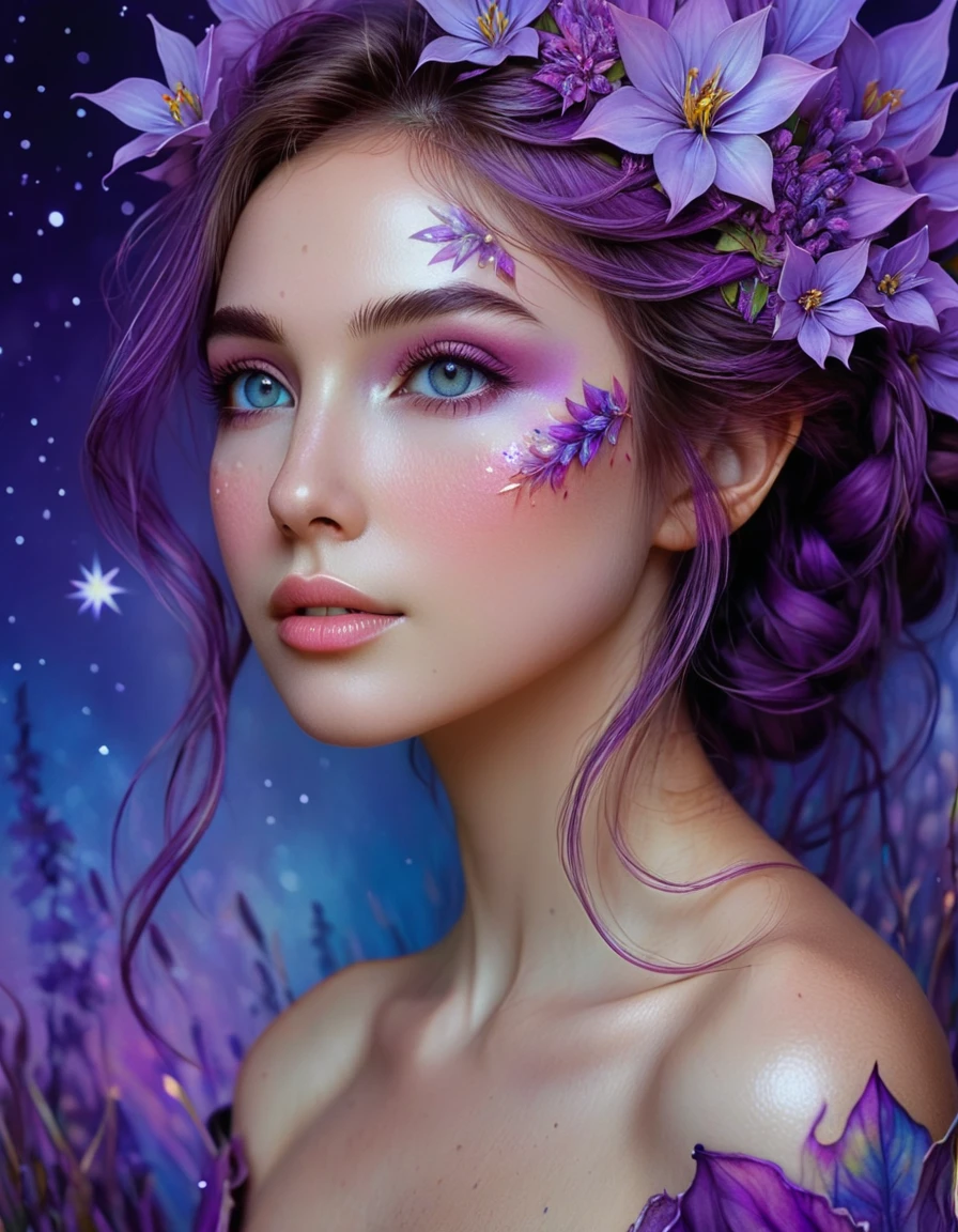 Watercolor Flowers , portraits, fantasy art, detailed features, vibrant colors, detailed  features, long flowers, subtle magical lighting, three side view, 1 side potrait,2 side close, 3 side in the batlle, photo collage, soft purple, film grain, detailed pores and wrinkles on the skin film grain, detailed pores and wrinkles on the skin, detailed elf village in backfround, full of stars sky, zentangle 