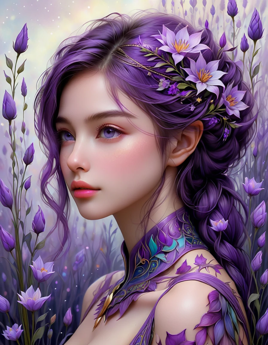 Watercolor Flowers , portraits, fantasy art, detailed features, vibrant colors, detailed  features, long flowers, subtle magical lighting, three side view, 1 side potrait,2 side close, 3 side in the batlle, photo collage, soft purple, film grain, detailed pores and wrinkles on the skin film grain, detailed pores and wrinkles on the skin, detailed elf village in backfround, full of stars sky, zentangle 