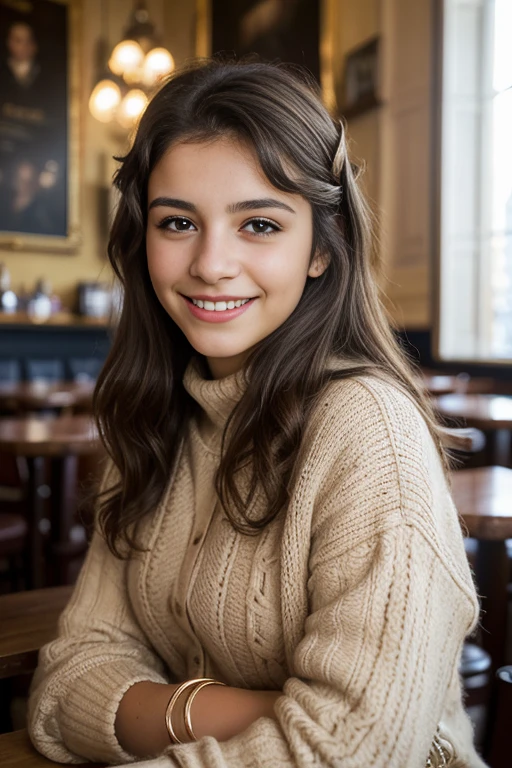 A Spanish girl , 18-age-old, beautiful girl  ,in Madrid cafe, sitting pose, winter wears,(dark brown hair , brown eye, middle curl hair, smile ),noon  ,(super detail, high details, high quality, accurate, anatomically correct, textured skin, beautiful fingers super detail, high details, high quality, best quality)