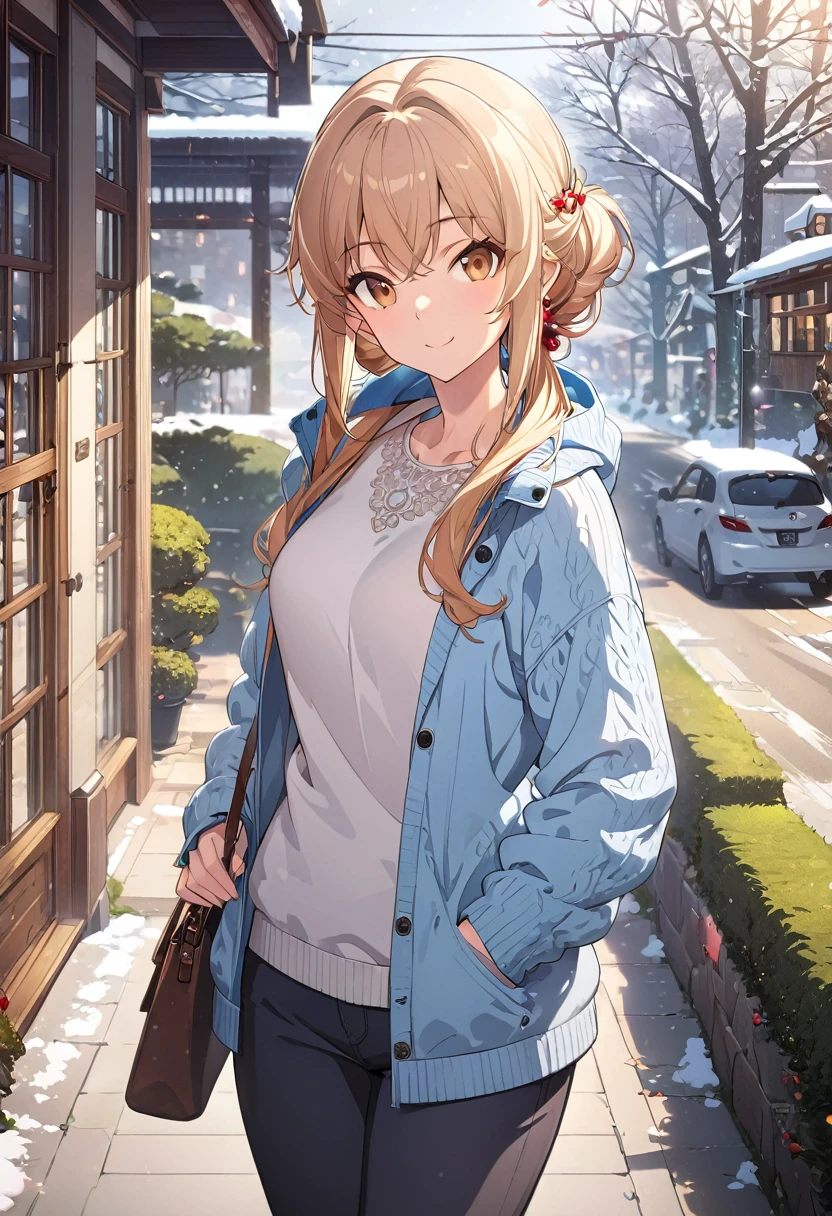 1.5, best quality, high quality, High definition, High quality texture, high detail, beautiful detailed, finely detailed, extremely detailed cg, detailed texture, ((ANIME)), 1girl, woman, female, ((casual)), relaxed, smiling, casual clothing, warm clothes, snowy weather
