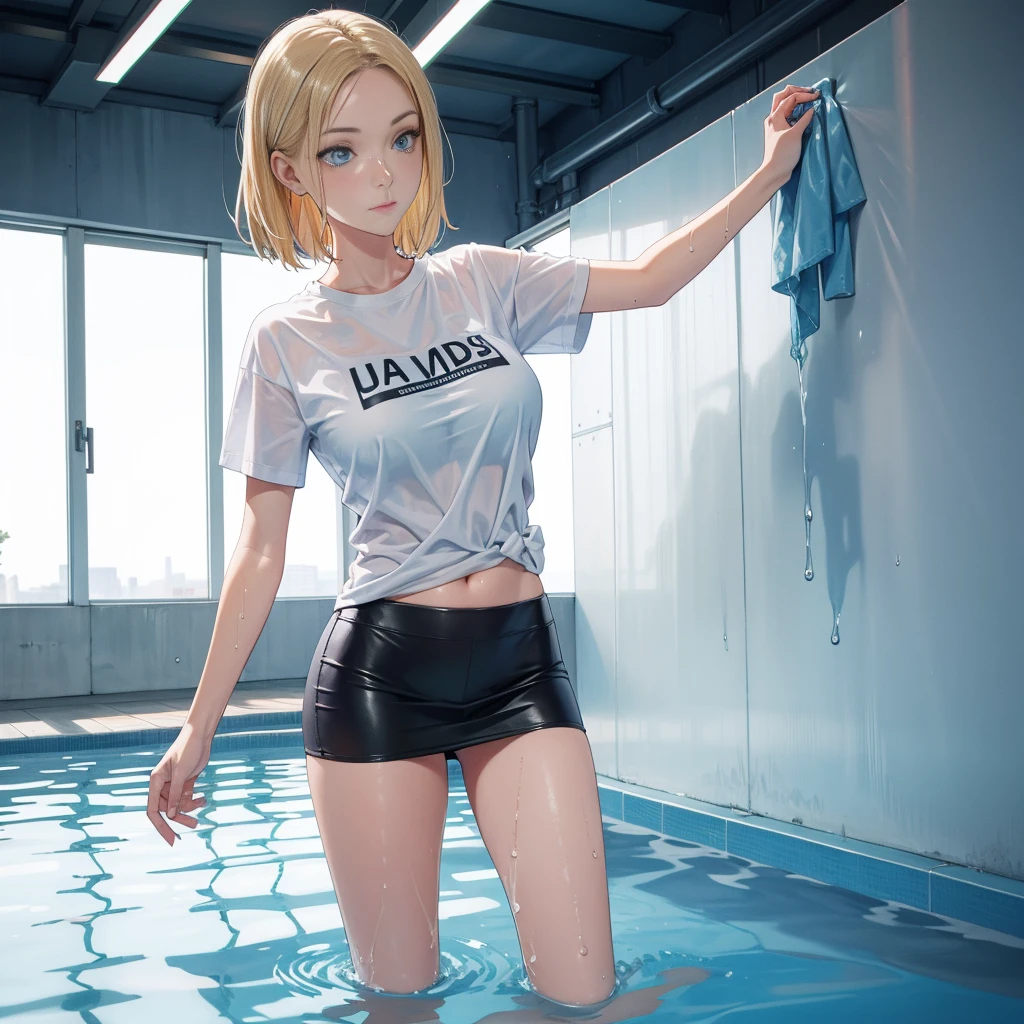 Create a photo-realistic young blond woman (length to shoulder), Blue eyes and big . She is wearing a white T-shirt, Crew Neck, Long and short sleeves, none, She also wore a monochrome black cotton mini skirt. She climbed out of the swimming pool, Wet. The T-shirt clings to her body，A bit transparent. whole body, Wide-angle shooting.  