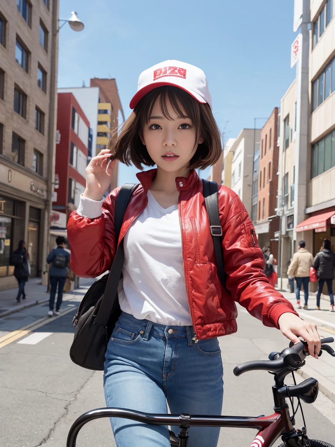 (One woman), short bob, 28 years old, Japanese, brown eyes, brown hair, slim figure, flat chest, rosy cheeks, flushed face,
Break
Clothing: Girl in pizza delivery uniform, red cap and jacket, jeans. She has a backpack with pizza boxes on her back.
Expression: A mixture of surprise and amusement, capturing the moment of flying through the sky. You can feel the sensation of cutting through the wind.
Background: Flying through the air against the backdrop of city buildings. People below look up in amazement.