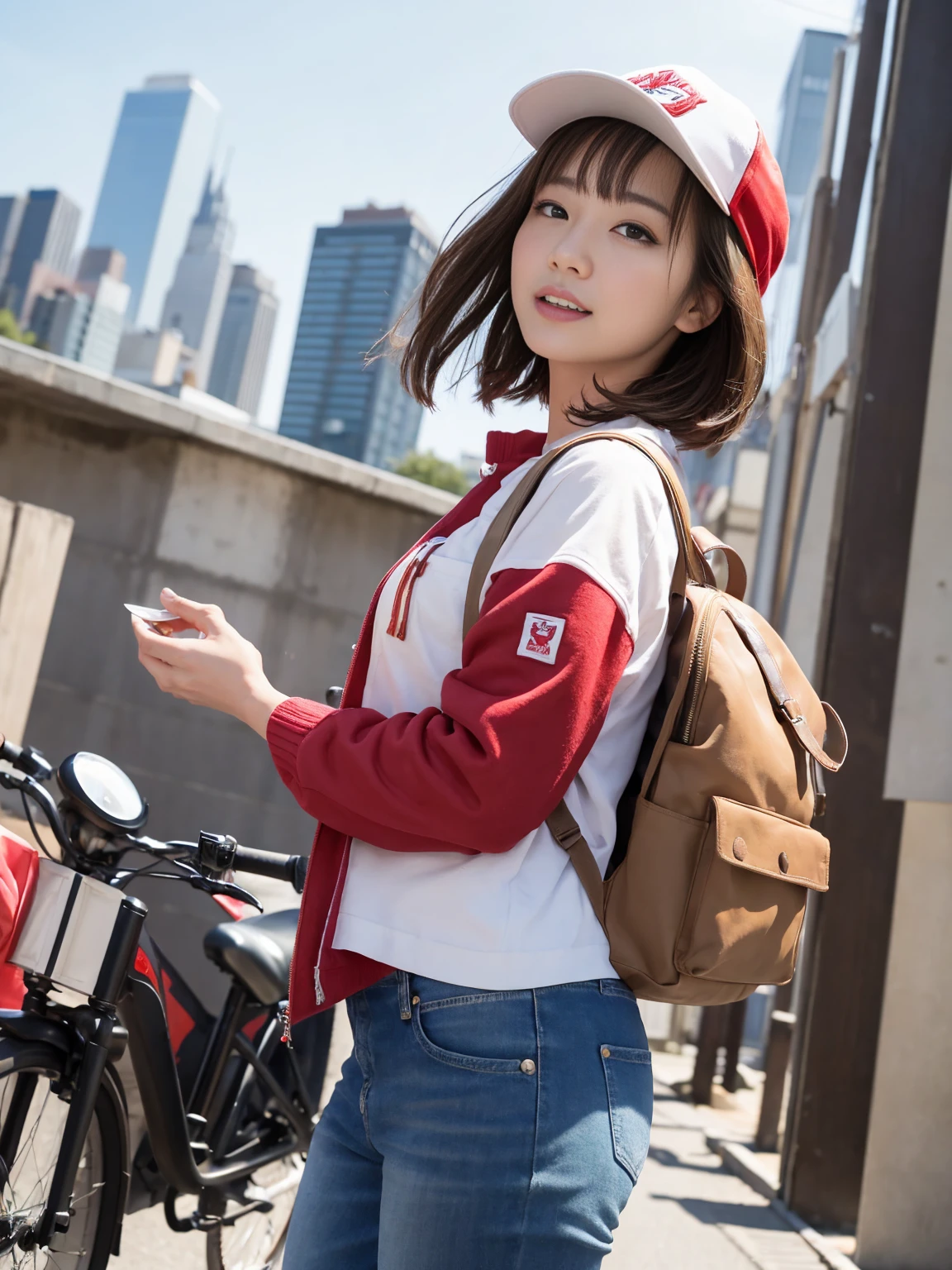 (One woman), short bob, 28 years old, Japanese, brown eyes, brown hair, slim figure, flat chest, rosy cheeks, flushed face,
Break
Clothing: Girl in pizza delivery uniform, red cap and jacket, jeans. She has a backpack with pizza boxes on her back.
Expression: A mixture of surprise and amusement, capturing the moment of flying through the sky. You can feel the sensation of cutting through the wind.
Background: Flying through the air against the backdrop of city buildings. People below look up in amazement.