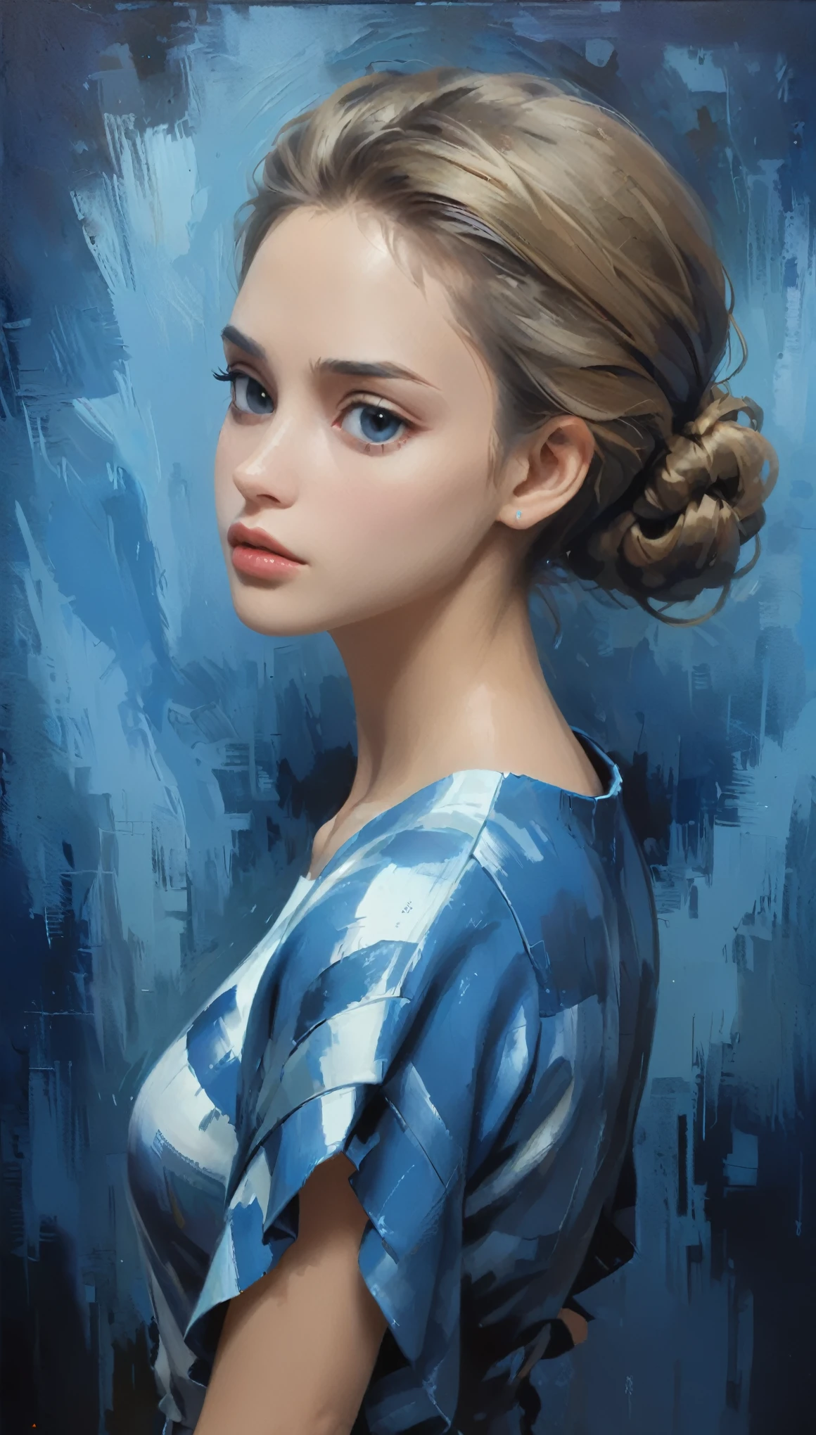 in style of Carolina Herrera-【Gorgeous clothing designer】-,in style of Casey Baugh
1girl,character concept design,upper body,(clear oil painting of the clay strokes:1.2),cool tone tone,dark background,blue atmosphere,three-dimensional sense,(real, realistic, stereoscopic:1.43)