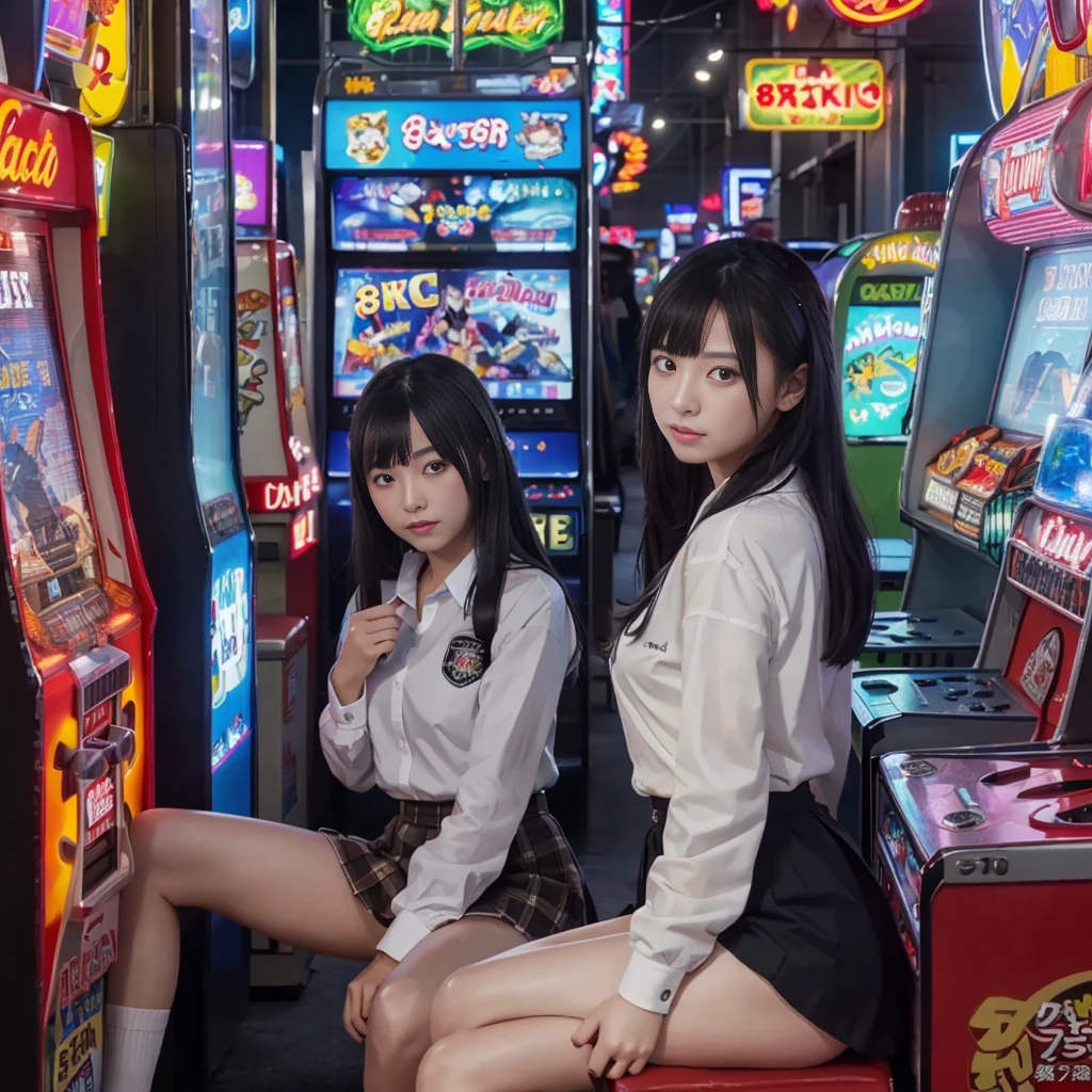 
((Highest quality、8k resolution、Masterpiece、Portraiture:1.3)), Photorealistic, organize, 35mm film, 2 Japanese women, Two or more delinquent high school girls, Ultra mini skirt、Pussy、tits、(Old game center: 1.3), Spread your legs, Lots of arcade machines, Dark Background