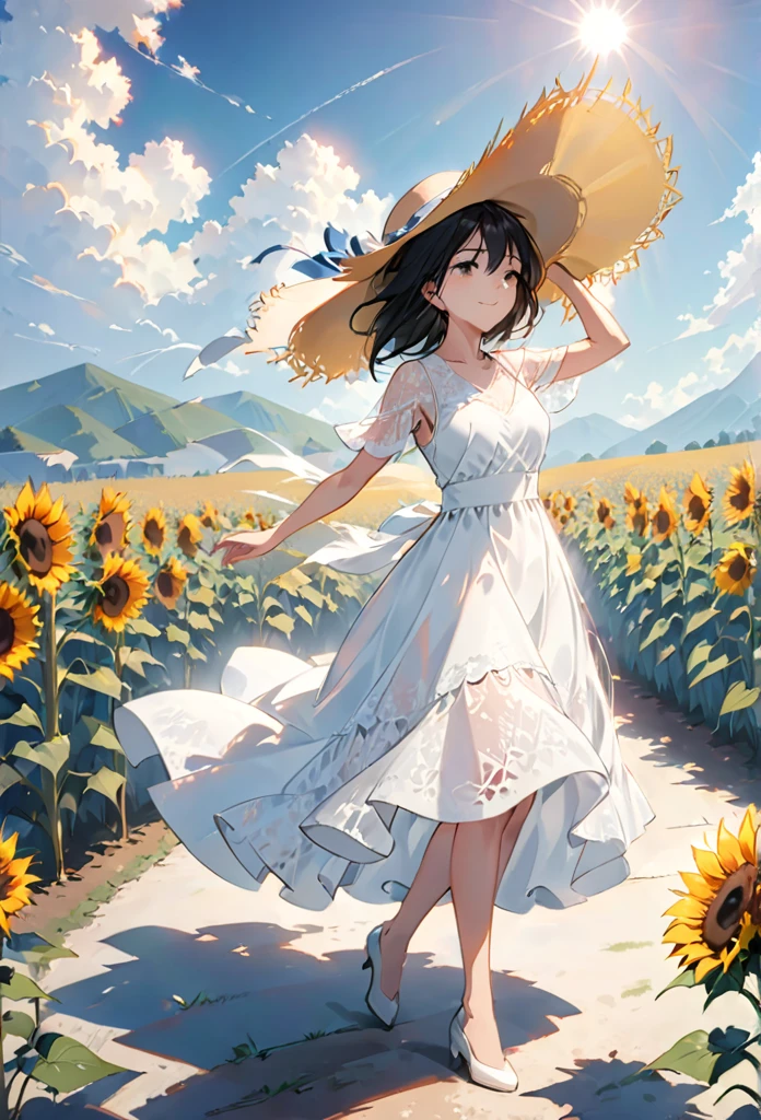 send,1 Girl,Solitary, (White lace dress:1.2),floating dress (Sun hat:1.2), Sunflower fields, under the sun, A faint smile,looking at the audience, wind, Dynamic, Strong light and shadow,Dynamic pose,